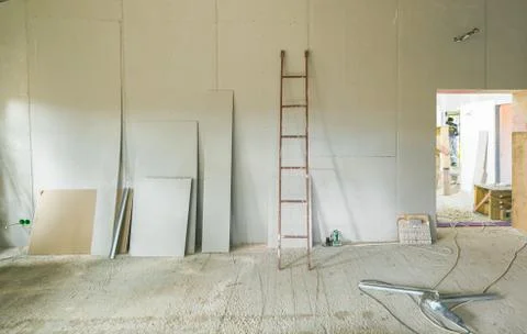 Working process of installing metal frames for plasterboard -drywall - for Stock Photos