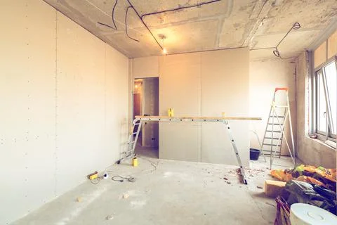 Working process of installing metal frames for plasterboard -drywall - for Stock Photos