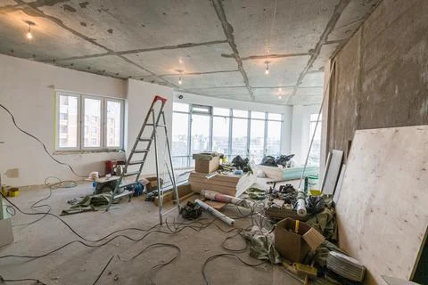 Working process of installing metal frames for plasterboard -drywall - for Stock Photos