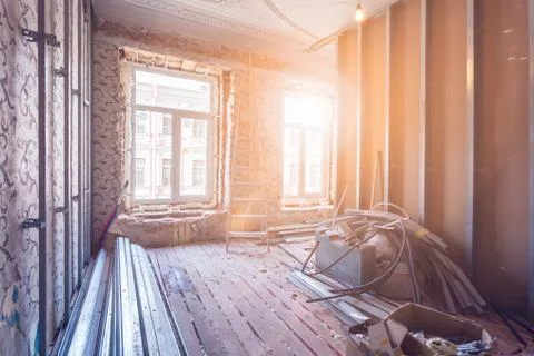Working process of installing pvc windows and metal frames for plasterboard - Stock Photos