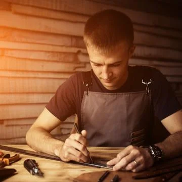 Working process of the leather belt in the leather workshop. Man holding Stock Photos