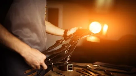 Working process of the leather craft in the workshop. Man holding photographer's Stock Photos