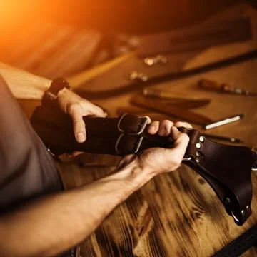 Working process of the leather craft in the workshop. Man holding photographer's Stock Photos