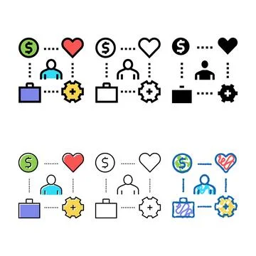 Working process, love and pay for work color icon vector range Stock Illustration