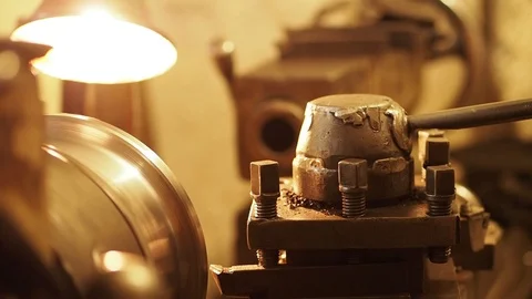 Working process at the machine at engineering plant. Stockbeeldmateriaal 96351574