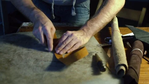 Working process of making leather belt in the leather workshop Stock Footage 71389507