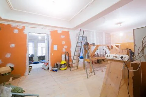 Working process of renovate room with installing drywall or gypsum plasterboard Stock Photos