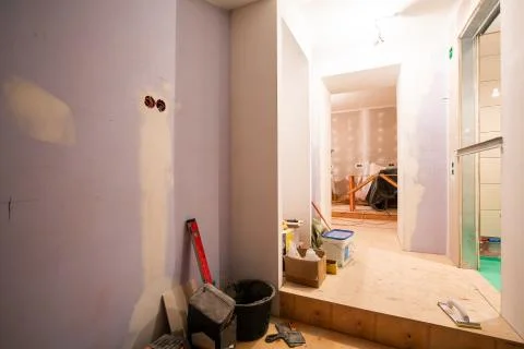 Working process of renovate room with installing drywall or gypsum plasterboard Stock Photos