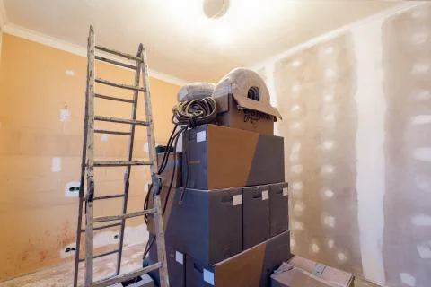 Working process of renovate room with installing drywall or gypsum plasterboard Stock Photos
