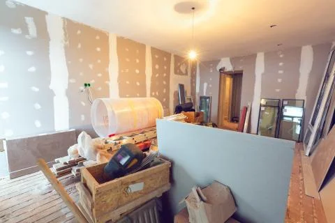 Working process of renovate room with installing drywall or gypsum plasterboard Stock Photos