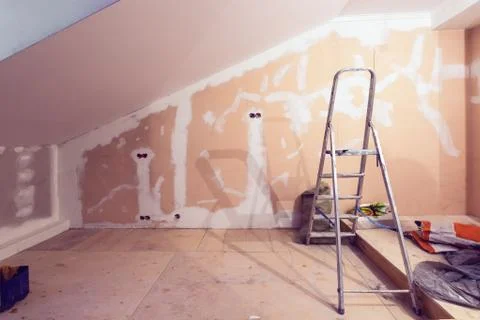 Working process of renovate room with installing drywall or gypsum plasterboard Stock Photos