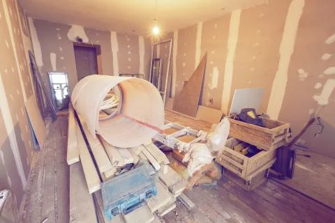 Working process of renovate room with installing drywall or gypsum plasterboard Stock Photos
