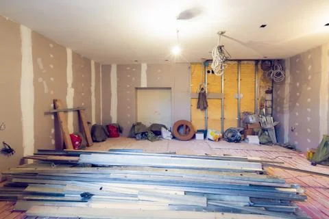 Working process of renovate room with installing drywall or gypsum plasterboard Stock Photos