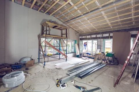 Working process of renovate room with installing drywall or gypsum plasterboard Stock Photos