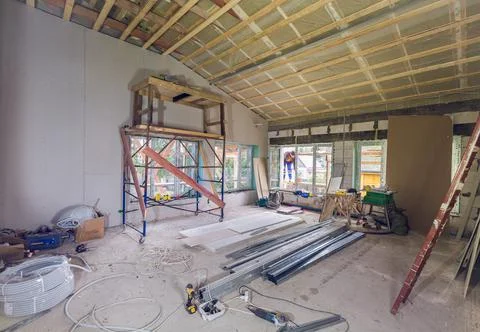 Working process of renovate room with installing drywall or gypsum plasterboard Stock Photos