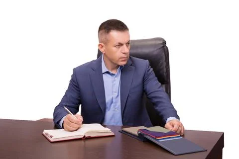 Working process startup. Businessman working at the wood table. Pen holding hand Stock Photos