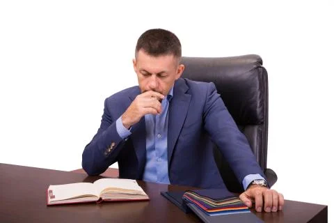 Working process startup. Businessman working at the wood table. Pen holding hand Stock Photos