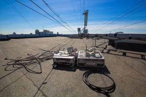 Working process of upgrading telecommunication equipment. Dismantled old Stock Photos
