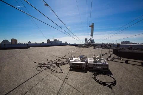 Working process of upgrading telecommunication equipment. Dismantled old Stock Photos
