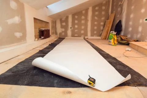 Working process of wallpapering on the drywall in small room apartment is under Stock Photos