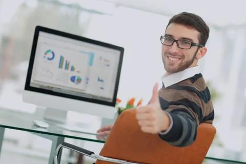 Working process, young manager working in a modern office.  Desk 스톡 사진
