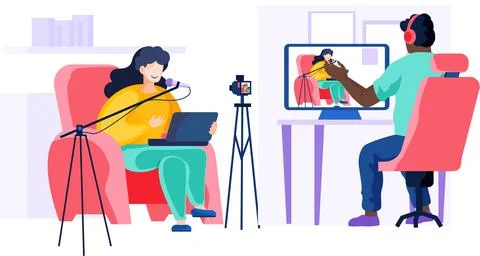 Working in a recording studio. Operator is recording interview with young woman Ilustración de archivo