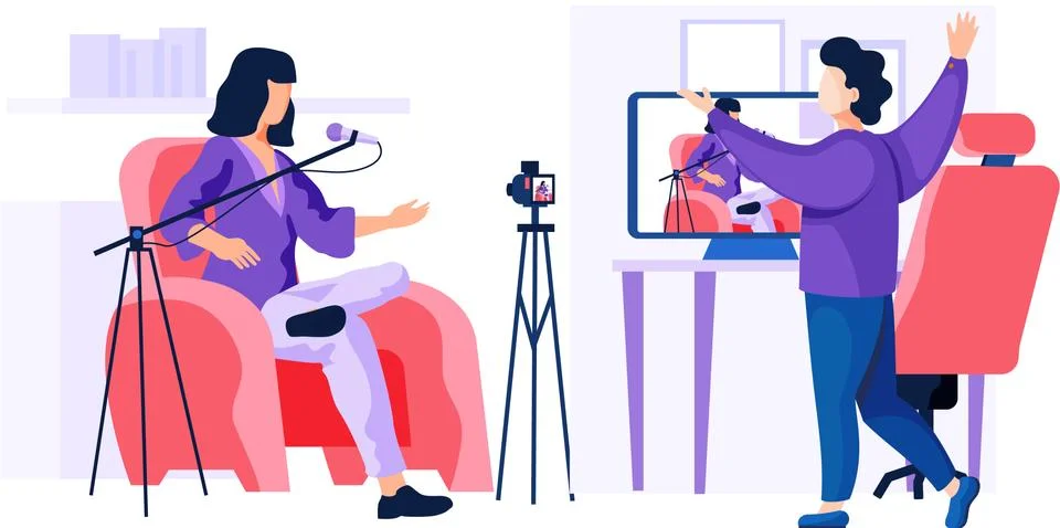 Working in a recording studio. Operator is recording interview with young woman Ilustración de archivo