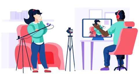 Working in a recording studio. Operator is recording interview with young woman Ilustración de archivo