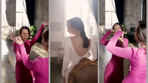 Working with reflections in motion. The white dress highlights the curves  Stock Footage 313870436