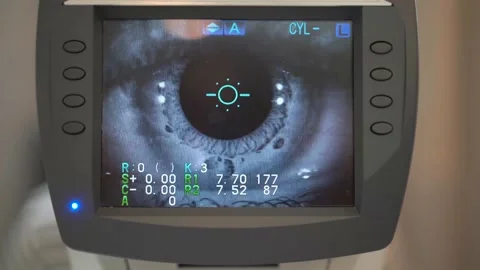 Working of the refractometer machine. Patient testing eyes in clinic. Stock Footage 154399417