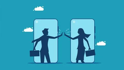 Working remotely or greeting online. businessman hi five from mobile phone Illustrazione stock