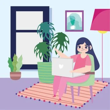 Working remotely, young woman using laptop on chair room 스톡 일러스트