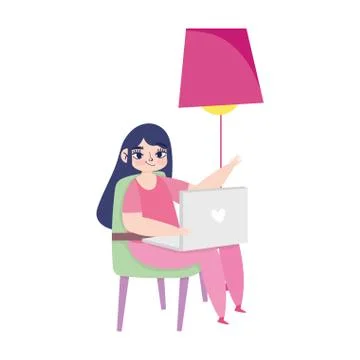 Working remotely, young woman using laptop on chair room Stock Illustration