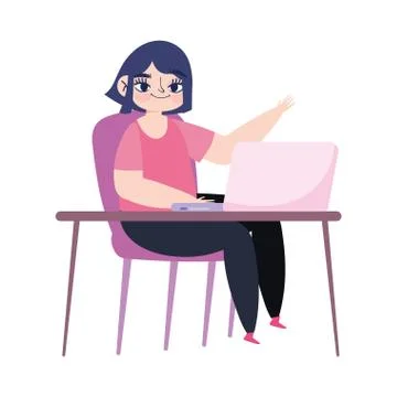 Working remotely, young woman using laptop on desk workplace Stock Illustration