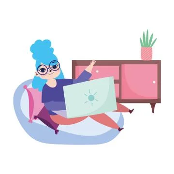 Working remotely, young woman using laptop sitting on cushions with furniture イラスト素材
