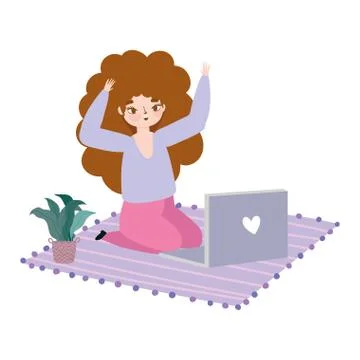 Working remotely, young woman using laptop on floor room with plant Stock Illustration