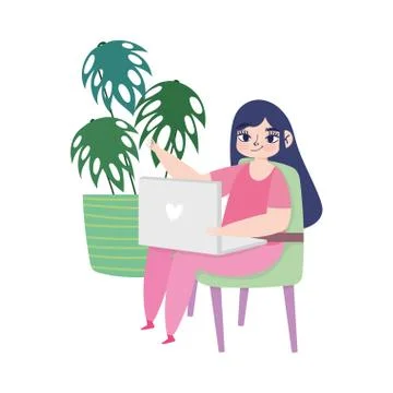 Working remotely, young woman using laptop on chair Stock Illustration