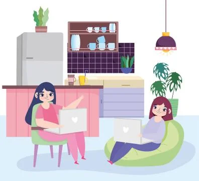 Working remotely, young women using laptop in the kitchen Stock Illustration