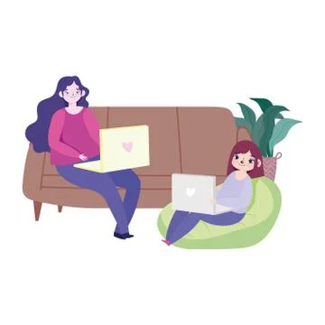 Working remotely, young women using laptop on sofa and chair Stock Illustration