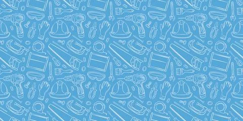 Working repair tools seamless pattern in line art style. Construction and home Illustrazione stock