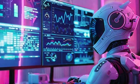 Working Robot with Computer Screens Stock Footage 294666224