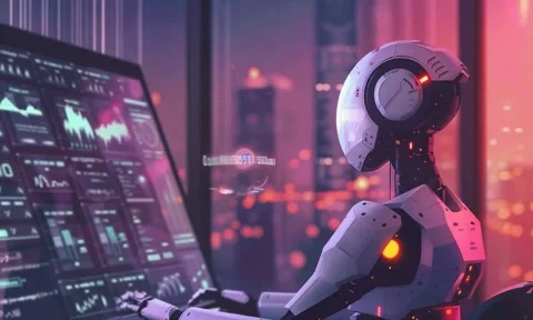 Working Robot with Computer Screens Stock Footage 294666237
