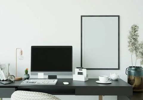 A working room with a computer placed on the table Illustration
