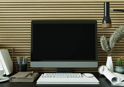 A working room with a computer placed on the table Illustration