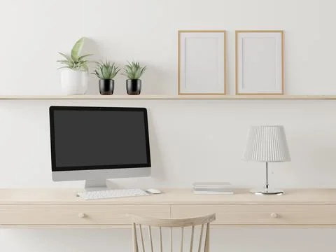 A working room with a computer placed on the table Stock Illustration