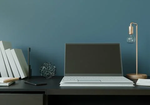 A working room with a laptop with a lamp placed on the table. Stock Illustration