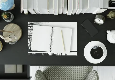 A working room with a notebook Pens and clocks on the black table, top view 库存照片
