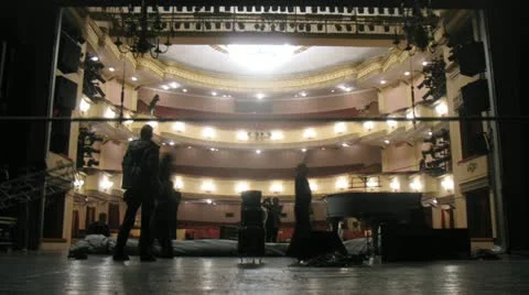 Working scenes dismantle scenery after performance in theatre. Stock Footage 11551273