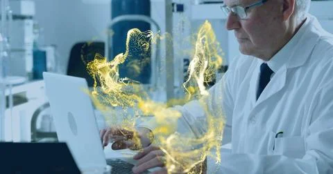 Working scientist in lab coat and tie typing on laptop in lab, holographic Stock Photos