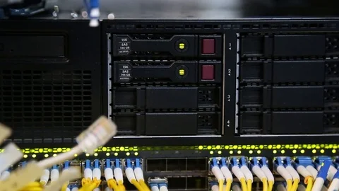 Working server in modern datacenter close up with depth of field selective focus 스톡 동영상 106888559